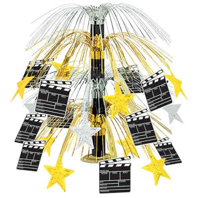 hollywood themed table centerpiece with clapboards and gold stars on the centerpiece