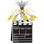Centerpiece with card stock printed clapboard on the bottom with gold and silver metallic cascade on top.