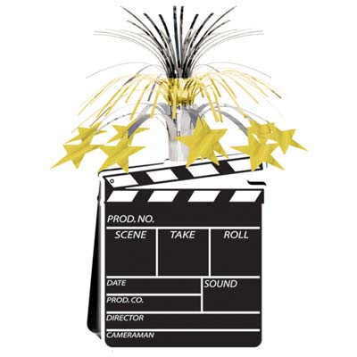 Centerpiece with card stock printed clapboard on the bottom with gold and silver metallic cascade on top.