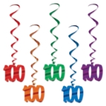 Multi-Color "100" Whirls (Pack of 30) 100 whirls decorations, multi color milestone décor, metallic hanging whirls, 3 foot party whirls, 100 day celebration decorations, milestone party décor, colorful 100 icons, Party Express whirls
