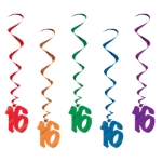 Multi-Color "16" Whirls (Pack of 30) 16 whirls decorations, Sweet 16 décor, multi color milestone whirls, metallic hanging whirls, 3 foot party whirls, teen birthday decorations, colorful 16 icons, Party Express whirls