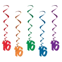 Multi-Color "16" Whirls (Pack of 30) 16 whirls decorations, Sweet 16 décor, multi color milestone whirls, metallic hanging whirls, 3 foot party whirls, teen birthday decorations, colorful 16 icons, Party Express whirls