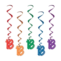 Multi-Color "18" Whirls (Pack of 30) 18 whirls decorations, 18th birthday décor, multi color milestone whirls, metallic hanging whirls, 3 foot party whirls, teen birthday decorations, colorful 18 icons, Party Express whirls