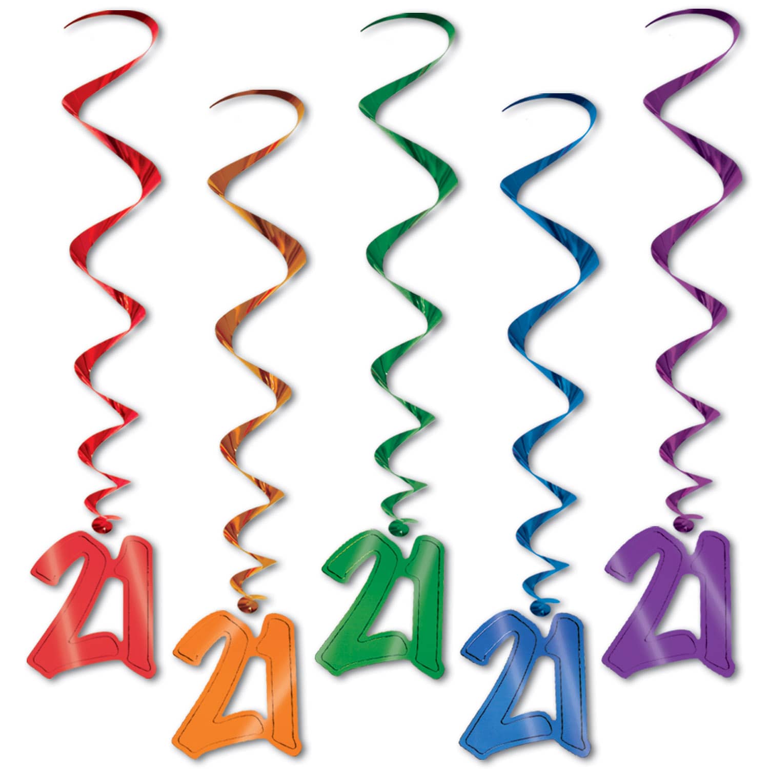 Multi-Color "21" Whirls (Pack of 30) 21 whirls decorations, 21st birthday décor, multi color milestone whirls, metallic hanging whirls, 3 foot party whirls, adult birthday decorations, colorful 21 icons, Party Express whirls