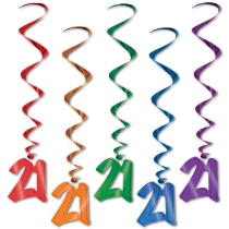 Multi-Color "21" Whirls (Pack of 30) 21 whirls decorations, 21st birthday décor, multi color milestone whirls, metallic hanging whirls, 3 foot party whirls, adult birthday decorations, colorful 21 icons, Party Express whirls