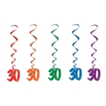 Multi-Color "30" Whirls (Pack of 30) 30 whirls decorations, 30th birthday décor, multi color milestone whirls, metallic hanging whirls, 3 foot party whirls, adult birthday decorations, colorful 30 icons, Party Express whirls
