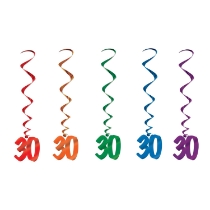 Multi-Color "30" Whirls (Pack of 30) 30 whirls decorations, 30th birthday décor, multi color milestone whirls, metallic hanging whirls, 3 foot party whirls, adult birthday decorations, colorful 30 icons, Party Express whirls