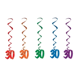 Multi-Color "30" Whirls (Pack of 30) 30 whirls decorations, 30th birthday décor, multi color milestone whirls, metallic hanging whirls, 3 foot party whirls, adult birthday decorations, colorful 30 icons, Party Express whirls