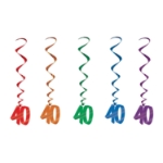 Multi-Color "40" Whirls (Pack of 30) 40 whirls decorations, 40th birthday décor, multi color milestone whirls, metallic hanging whirls, 3 foot party whirls, adult birthday decorations, colorful 40 icons, Party Express whirls