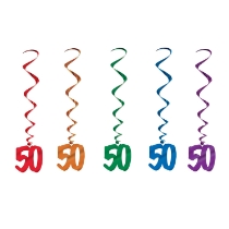 Multi-Color "50" Whirls (Pack of 30) 50 whirls decorations, 50th birthday décor, multi color milestone whirls, metallic hanging whirls, 3 foot party whirls, adult birthday decorations, colorful 50 icons, Party Express whirls