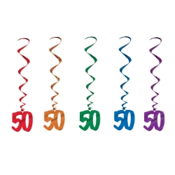 Multi-Color "50" Whirls (Pack of 30) 50 whirls decorations, 50th birthday décor, multi color milestone whirls, metallic hanging whirls, 3 foot party whirls, adult birthday decorations, colorful 50 icons, Party Express whirls
