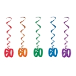 Multi-Color "60" Whirls (Pack of 30) 60 whirls decorations, 60th birthday décor, multi color milestone whirls, metallic hanging whirls, 3 foot party whirls, adult birthday decorations, colorful 60 icons, Party Express whirls