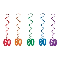 Multi-Color "60" Whirls (Pack of 30) 60 whirls decorations, 60th birthday décor, multi color milestone whirls, metallic hanging whirls, 3 foot party whirls, adult birthday decorations, colorful 60 icons, Party Express whirls