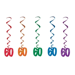 Multi-Color "60" Whirls (Pack of 30) 60 whirls decorations, 60th birthday décor, multi color milestone whirls, metallic hanging whirls, 3 foot party whirls, adult birthday decorations, colorful 60 icons, Party Express whirls