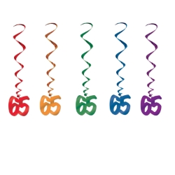 Multi-Color "65" Whirls (Pack of 30) 65 whirls decorations, 65th birthday décor, retirement party decorations, multi color milestone whirls, metallic hanging whirls, 3 foot party whirls, colorful 65 icons, Party Express whirls