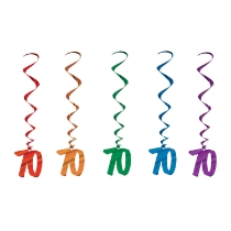 Multi-Color "70" Whirls (Pack of 30) 70 whirls decorations, 70th birthday décor, multi color milestone whirls, metallic hanging whirls, 3 foot party whirls, adult birthday decorations, colorful 70 icons, Party Express whirls