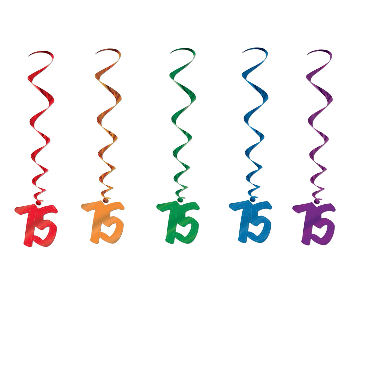 Multi-Color "75" Whirls (Pack of 30) 75 whirls decorations, 75th birthday décor, multi color milestone whirls, metallic hanging whirls, 3 foot party whirls, adult birthday decorations, colorful 75 icons, Party Express whirls