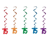 Multi-Color "75" Whirls (Pack of 30) 75 whirls decorations, 75th birthday décor, multi color milestone whirls, metallic hanging whirls, 3 foot party whirls, adult birthday decorations, colorful 75 icons, Party Express whirls