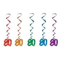 Multi-Color "80" Whirls (Pack of 30) 80 whirls decorations, 80th birthday décor, multi color milestone whirls, metallic hanging whirls, 3 foot party whirls, adult birthday decorations, colorful 80 icons, Party Express whirls