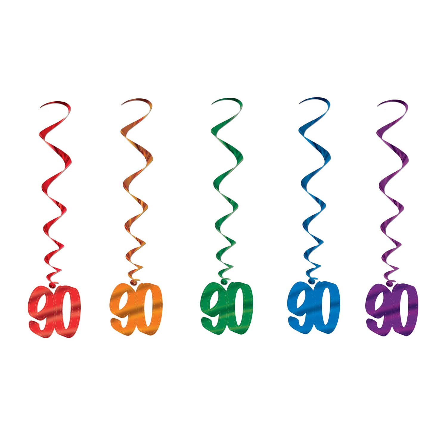 Multi-Color "90" Whirls (Pack of 30) 90 whirls decorations, 90th birthday décor, multi color milestone whirls, metallic hanging whirls, 3 foot party whirls, senior birthday decorations, colorful 90 icons, Party Express whirls