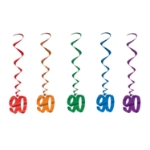 Multi-Color "90" Whirls (Pack of 30) 90 whirls decorations, 90th birthday décor, multi color milestone whirls, metallic hanging whirls, 3 foot party whirls, senior birthday decorations, colorful 90 icons, Party Express whirls
