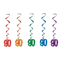 Multi-Color "90" Whirls (Pack of 30) 90 whirls decorations, 90th birthday décor, multi color milestone whirls, metallic hanging whirls, 3 foot party whirls, senior birthday decorations, colorful 90 icons, Party Express whirls