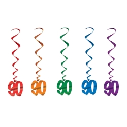 Multi-Color "90" Whirls (Pack of 30) 90 whirls decorations, 90th birthday décor, multi color milestone whirls, metallic hanging whirls, 3 foot party whirls, senior birthday decorations, colorful 90 icons, Party Express whirls