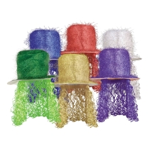 Multi-Color Tinsel Top Hat w/Curly Wig