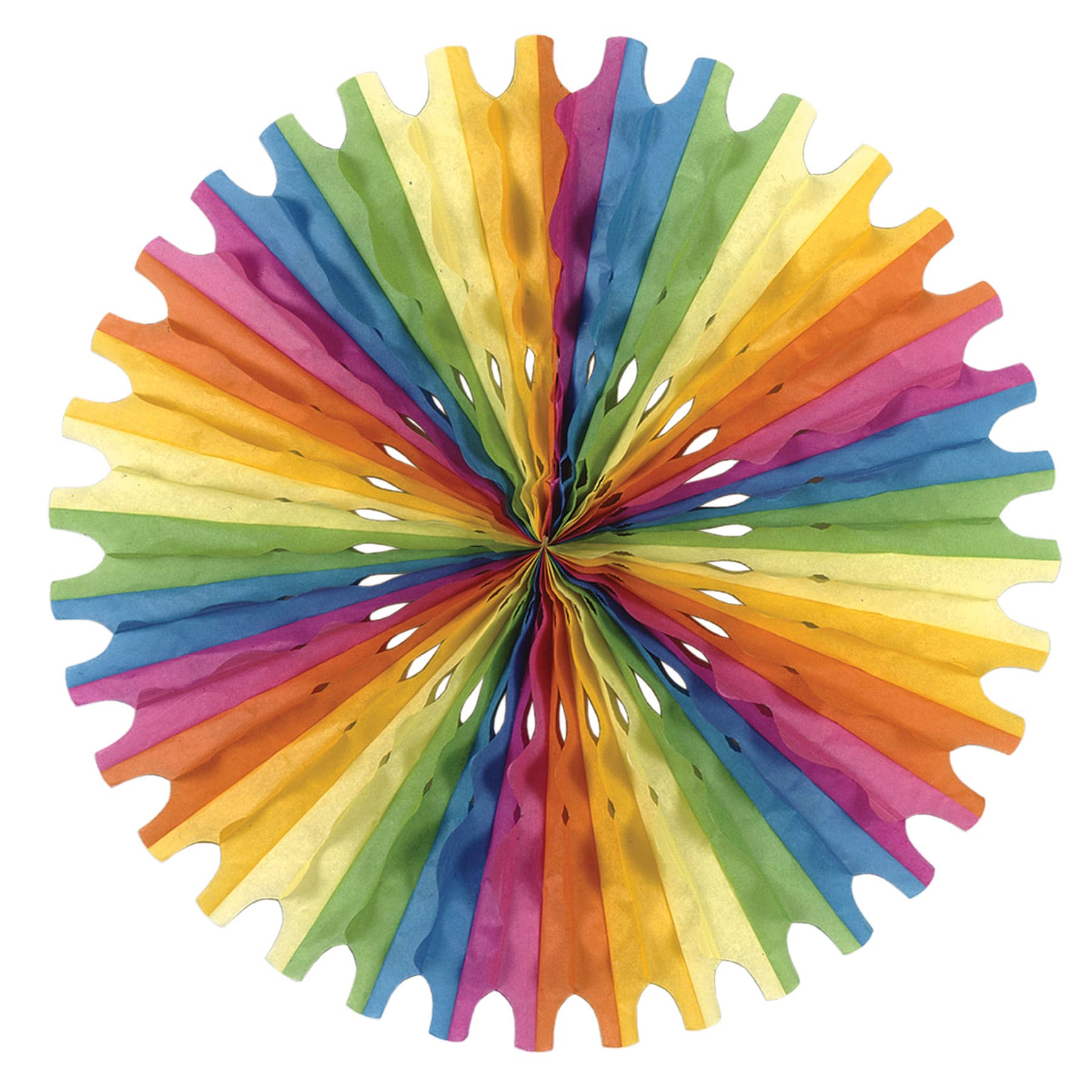 Multi-Color Tissue Fan (Pack of 12) multi color tissue fan, rainbow tissue fan, 25 inch tissue fan, colorful party decorations, tissue paper fan, hanging party décor, Party Express tissue fan, event backdrop decorations, rainbow wall décor