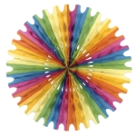 Multi-Color Tissue Fan (Pack of 12) multi color tissue fan, rainbow tissue fan, 25 inch tissue fan, colorful party decorations, tissue paper fan, hanging party décor, Party Express tissue fan, event backdrop decorations, rainbow wall décor