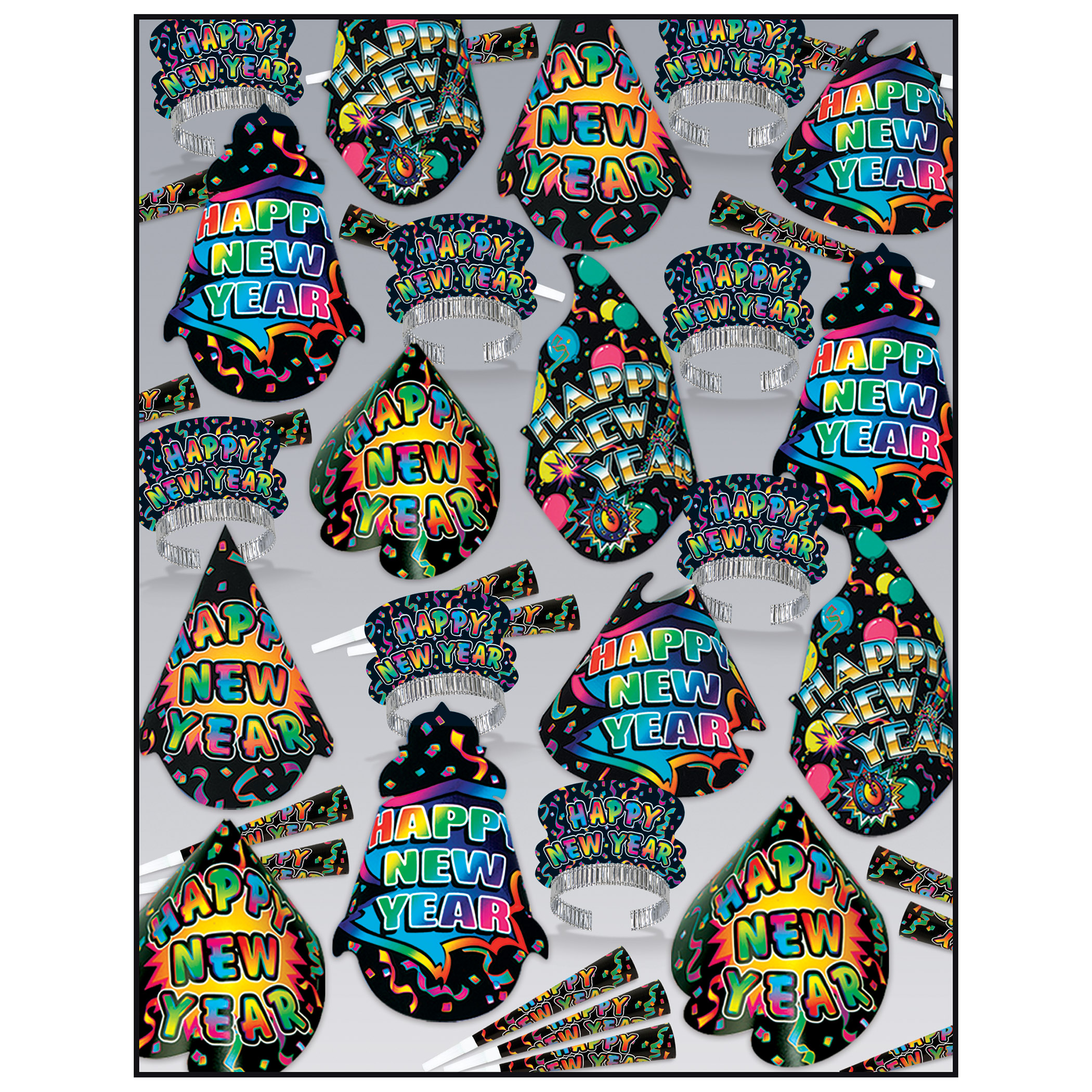 Multi-Colored Grand - New Years Party Kit for 100 New Year’s Eve, New Year’s, party goods, party supplies, party kit, assortment, party hats, party horns, tiaras, leis, bedazzled, shiny, sparkly, for 100, large party, colorful, multi-colored