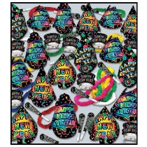 Multi-Colored Grand - New Year's Party Kit for 100 New Year’s Eve, New Year’s, party goods, party supplies, party kit, assortment, party hats, party horns, tiaras, leis, bedazzled, shiny, sparkly, for 100, large party, colorful, multi-colored