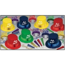 bright colored NYE party kit with top hats, leis, noismakers, and beads
