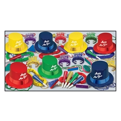 bright colored NYE party kit with top hats, leis, noismakers, and beads