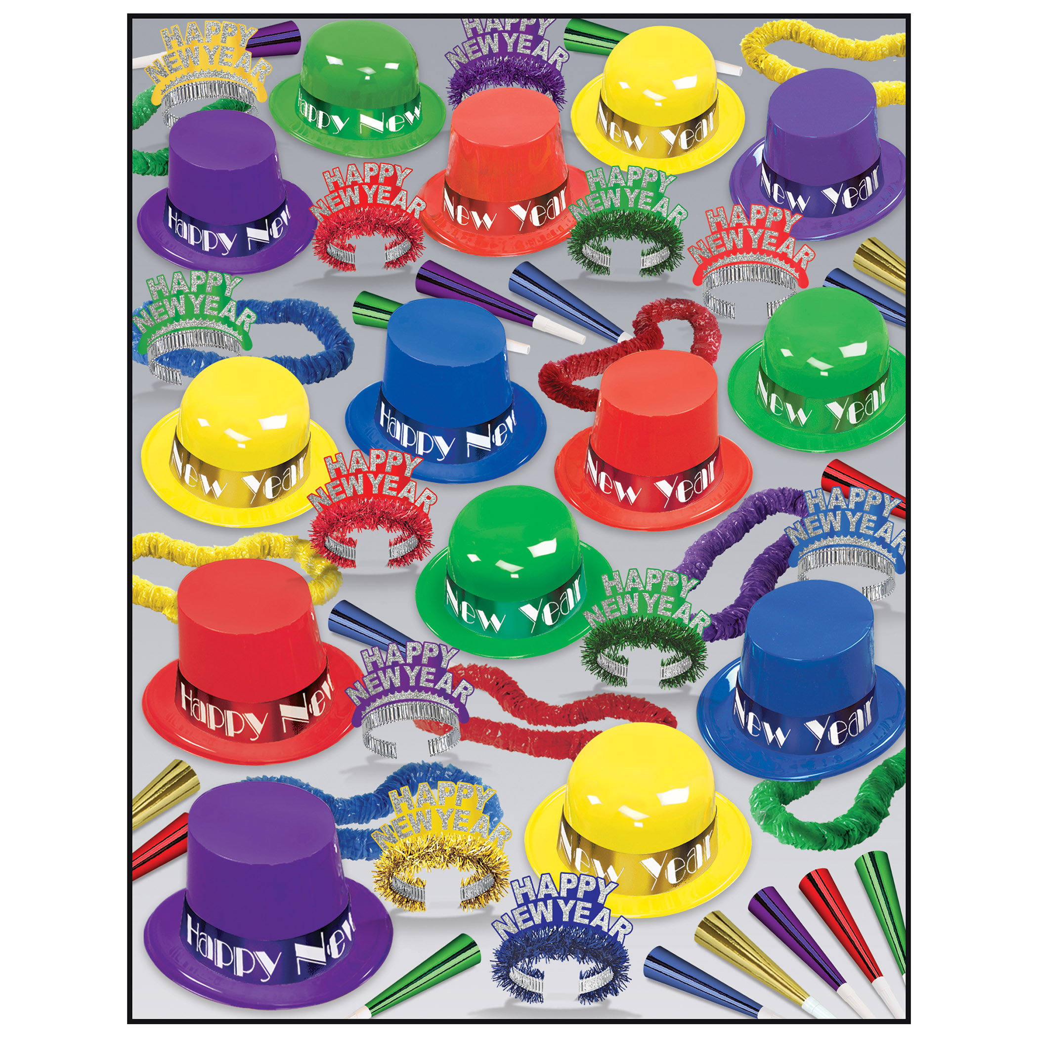bright colored NYE party kit with top hats, derby hats, fringed tiaras, horns, leis