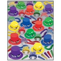 bright colored NYE party kit with top hats, derby hats, fringed tiaras, horns, leis