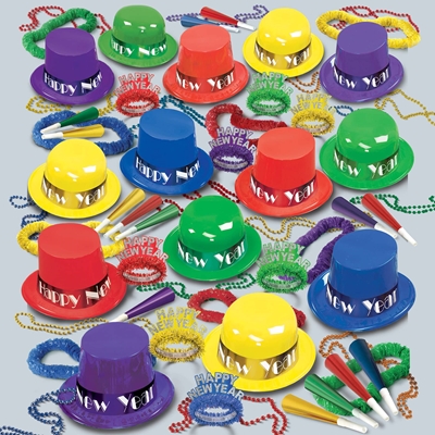 bright colored NYE party kit with top hats, derby hats, fringed tiaras, horns, leis, and beads