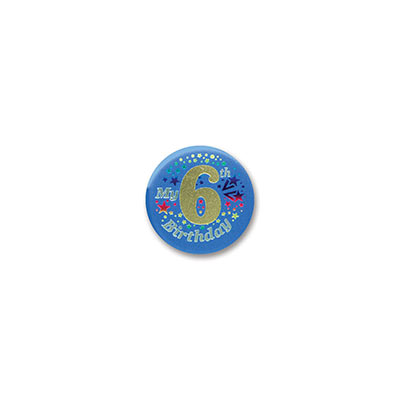 My 6th Birthday Satin Blue Button with gold and silver lettering and star designs 