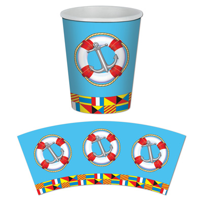 Paper cups printed with nautical items.