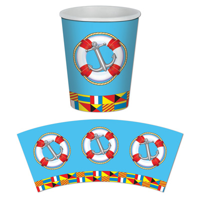 Paper cups printed with nautical items.