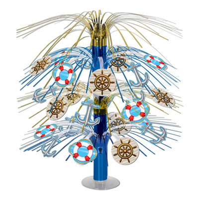 Nautical Cascade Centerpieces include gold, blue and white metallic strands with nautical icons attached.