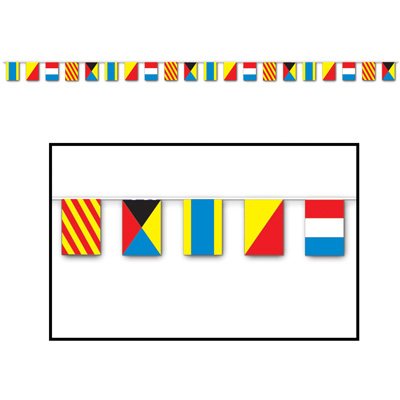 Banner with nautical flag icons attached.
