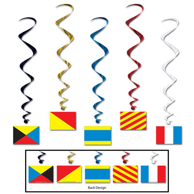 Assorted color metallic whirls with nautical flag icons attached.