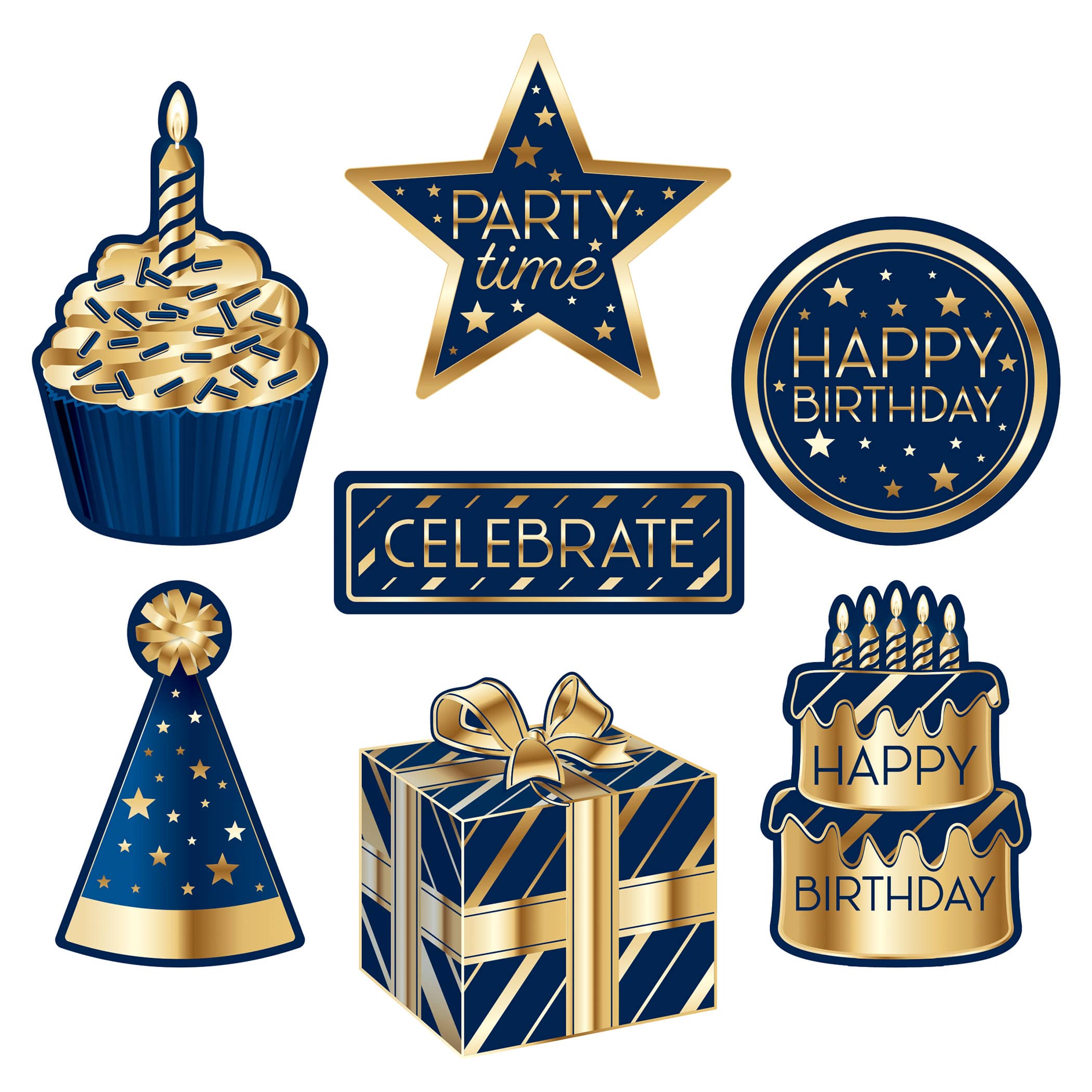 Navy & Gold Birthday Cutouts (Pack of 84) Navy Gold Birthday Cutouts, birthday cutouts, navy and gold party decorations, birthday party decorations, milestone birthday décor, happy birthday cutouts, birthday wall decorations, birthday backdrop decorations, navy gold birthday supplies, adult birthday decorations, birthday event décor, party cutouts, birthday celebration decorations, elegant birthday party supplies, Party Express