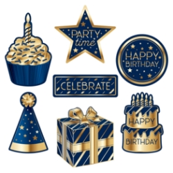 Navy & Gold Birthday Cutouts (Pack of 84) Navy Gold Birthday Cutouts, birthday cutouts, navy and gold party decorations, birthday party decorations, milestone birthday décor, happy birthday cutouts, birthday wall decorations, birthday backdrop decorations, navy gold birthday supplies, adult birthday decorations, birthday event décor, party cutouts, birthday celebration decorations, elegant birthday party supplies, Party Express