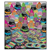 glow in the dark new year's eve party kit for 100 people with glow necklaces, sticks, and earrings