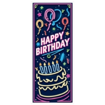 Neon Happy Birthday Door Cover (Pack of 12) neon birthday door cover, neon happy birthday banner, glow party decorations, neon balloons décor, neon birthday cake sign, all-weather door cover, birthday entrance decoration, Party Express neon supplies