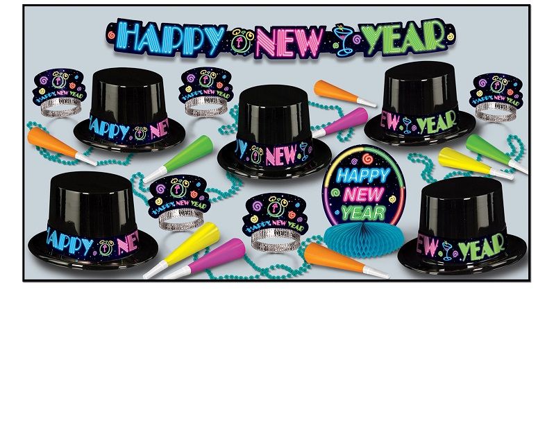 Neon Party New Year Assortment for 10 Neon Party New Year Assortment, hat, tiara, beads, centerpiece, streamer, new years eve, party favor, decoration, wholesale, inexpensive, bulk, new year party kit, nye