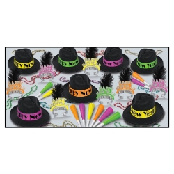 Neon Happy New Year party kit with fedoras, feathered tiaras, neon horns, and party beads