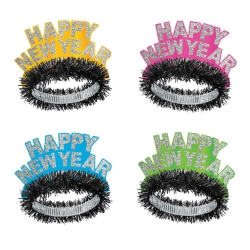 Neon colored tiaras that come in blue, green, pink, and orange. All tiaras are embelished with a black fringe on the band.